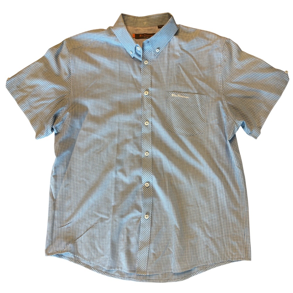 Ben Sherman Heritage Mens XL Blue White Micro Check Short Sleeve Button Down